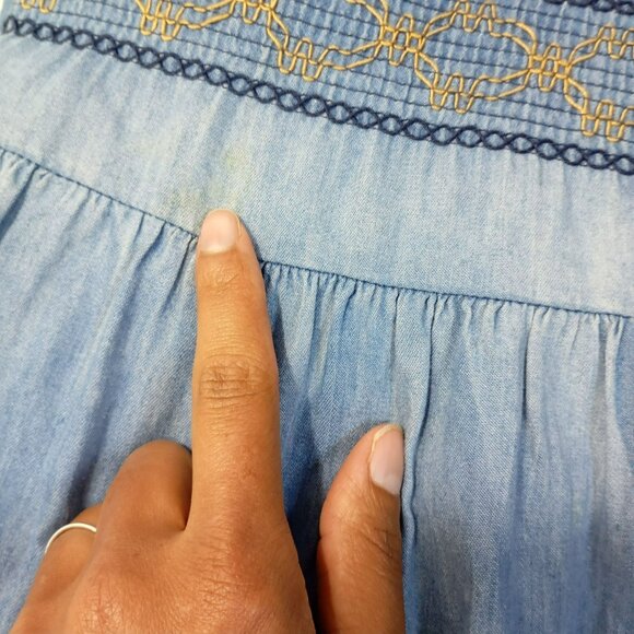 Anthropologie Lapis Maxi Dress Blue Chambray Embroidered Tiered Boho Western L - Picture 12 of 13